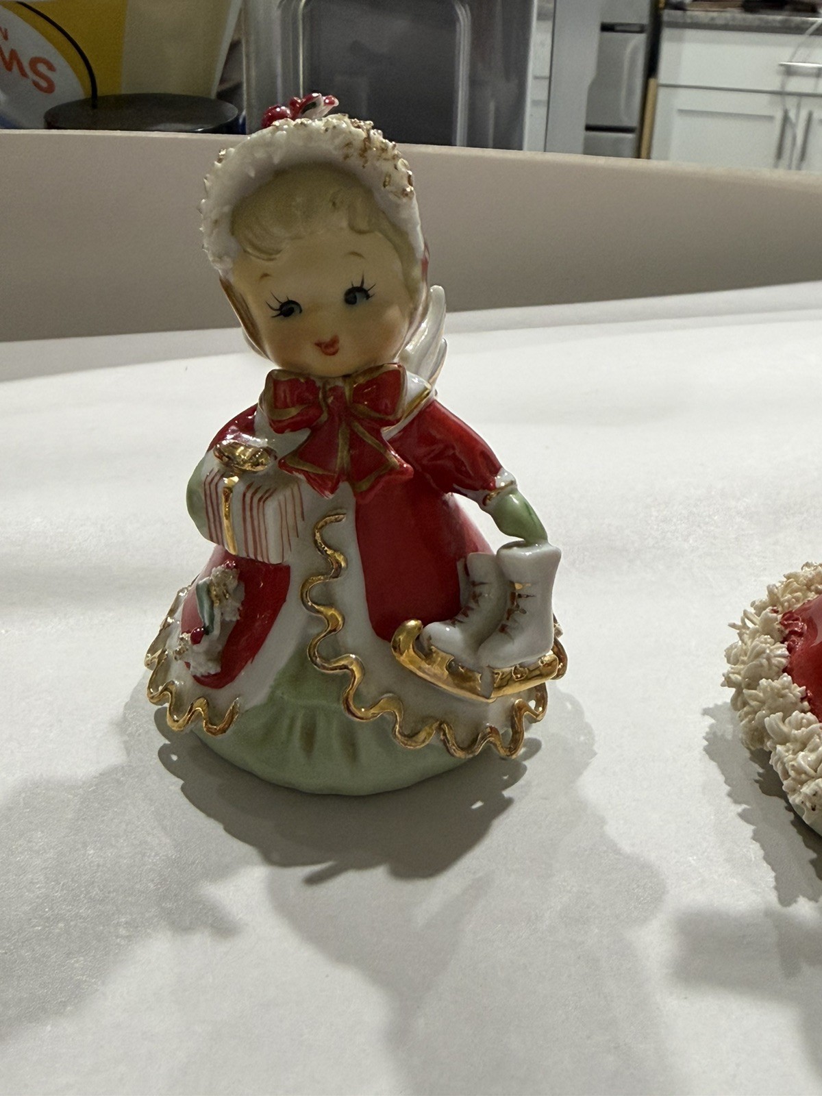Vintage Lefton 1950s Angel Girl Bell Figurine Christmas Ice Skates & Gift – Rare