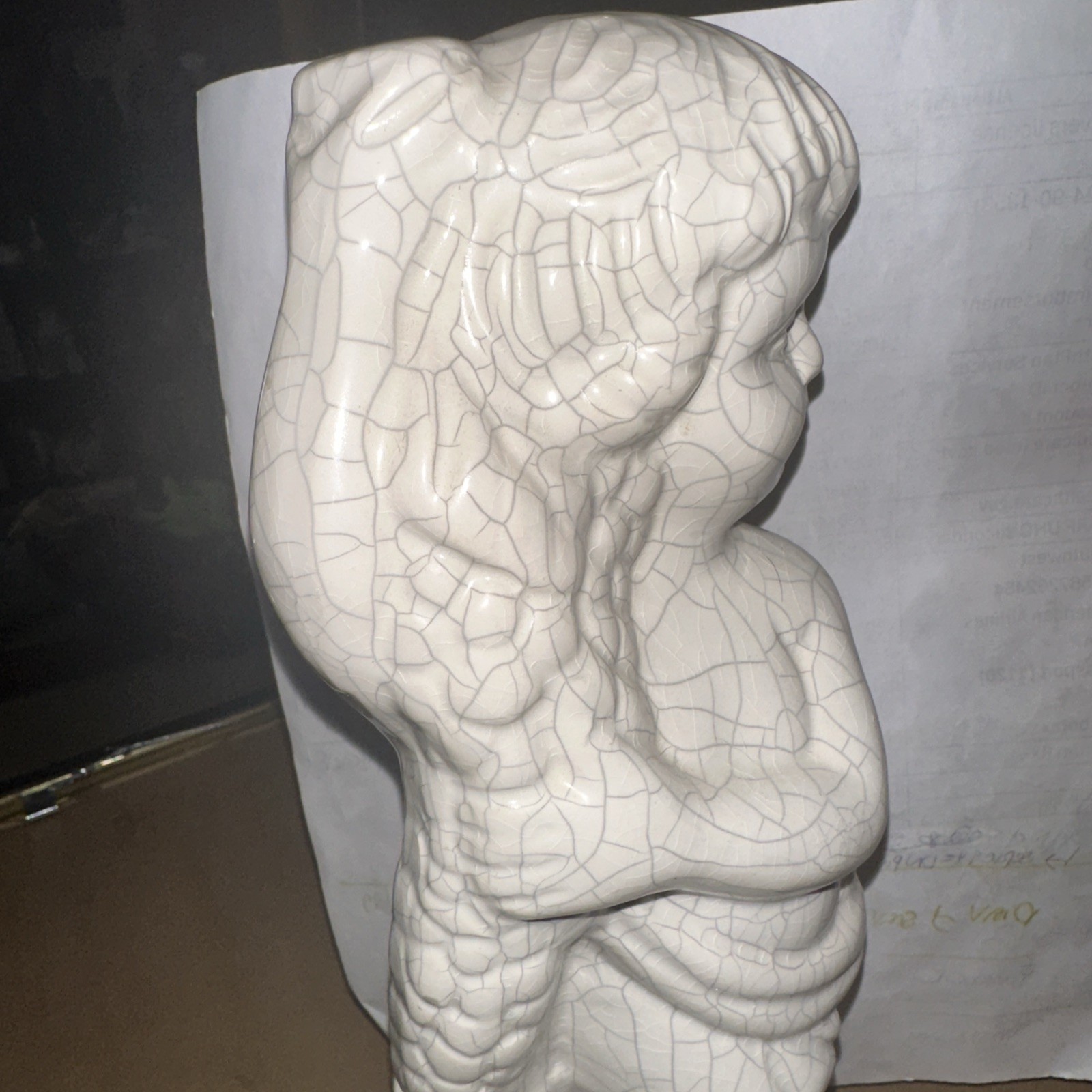 Porcelain unisex child Standing Figurine Ceramics Crackle Paint Finish. 11.5”ht