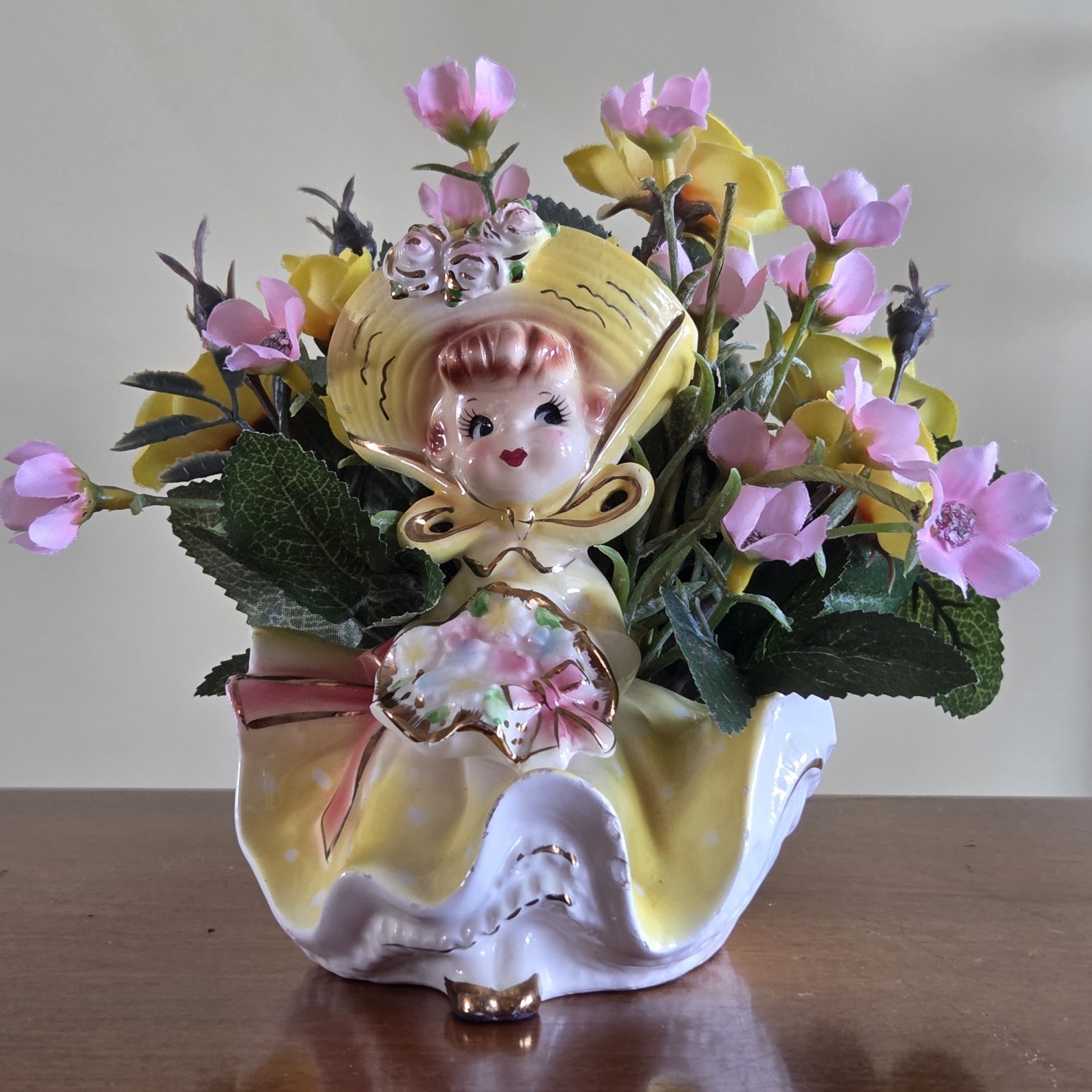Vintage Arnart Girl Planter with Spring Floral Flower Arrangement /Read