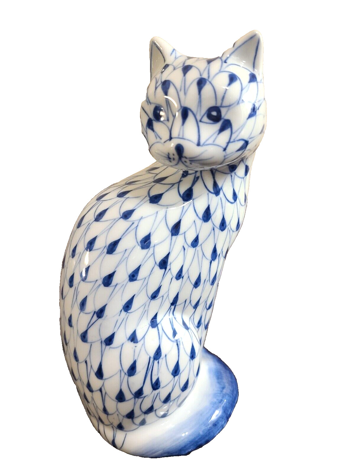ANDREA by SADEK Sitting Cat in Blue and White Fishnet 7.5″ Tall