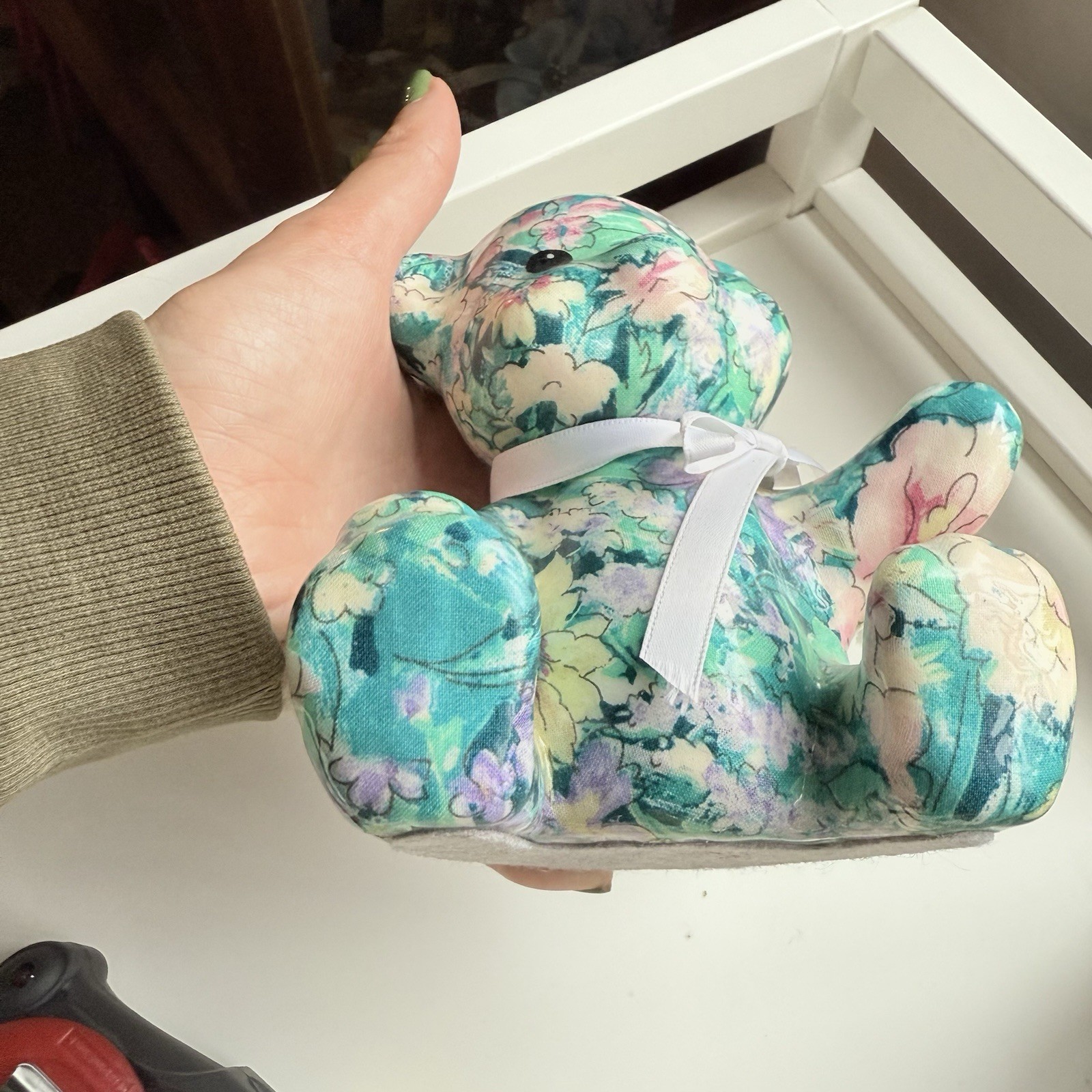 Joan Baker Designs Porcelain Patchworks Green Floral Teddy Bear Sculpture