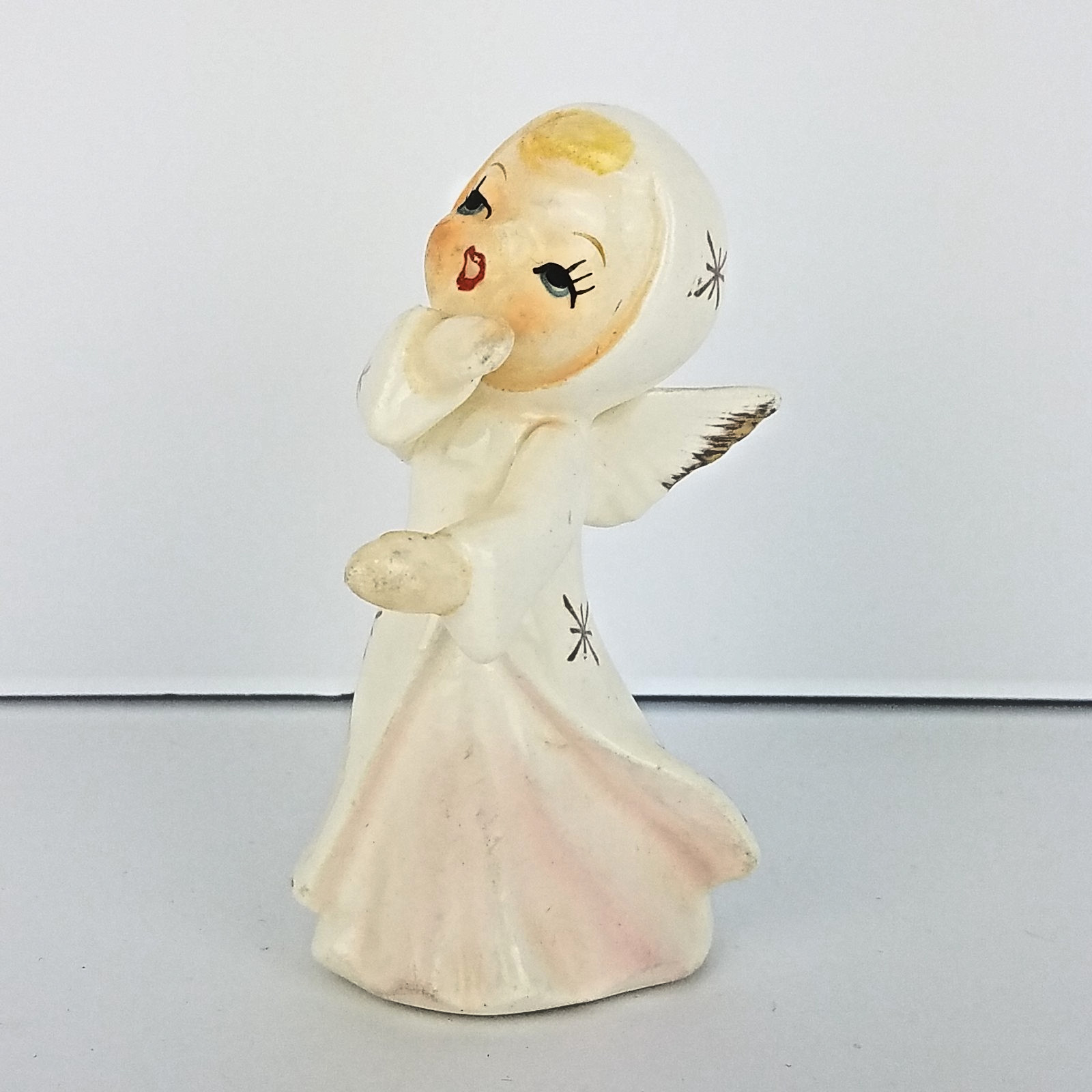 50s Dancing Angel Figurine Red Japan Atomic Star Robe Pink Dress Gold Trim MCM