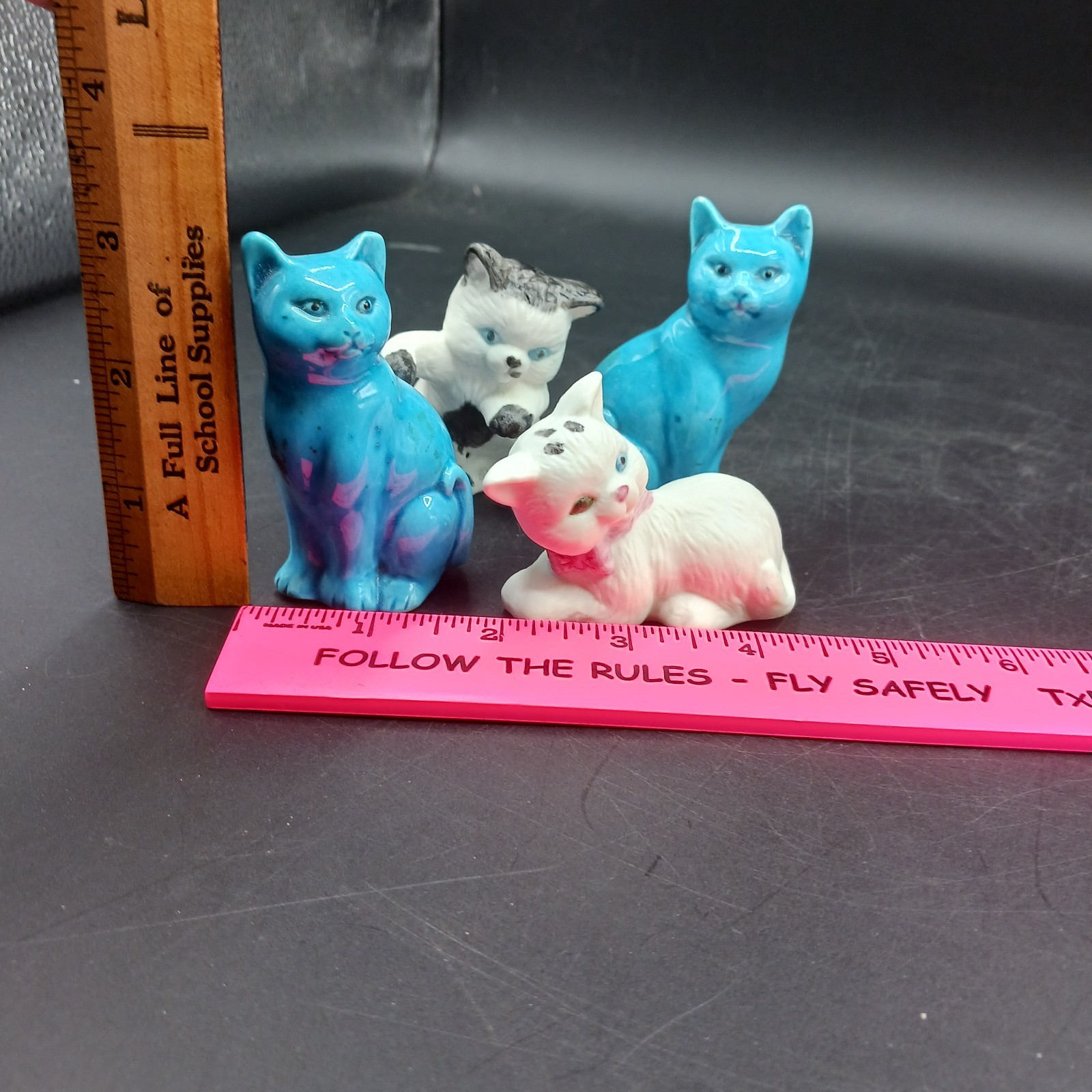 Vintage Ceramic Cat Figurines White Gray and Blue! trinket shelf ready
