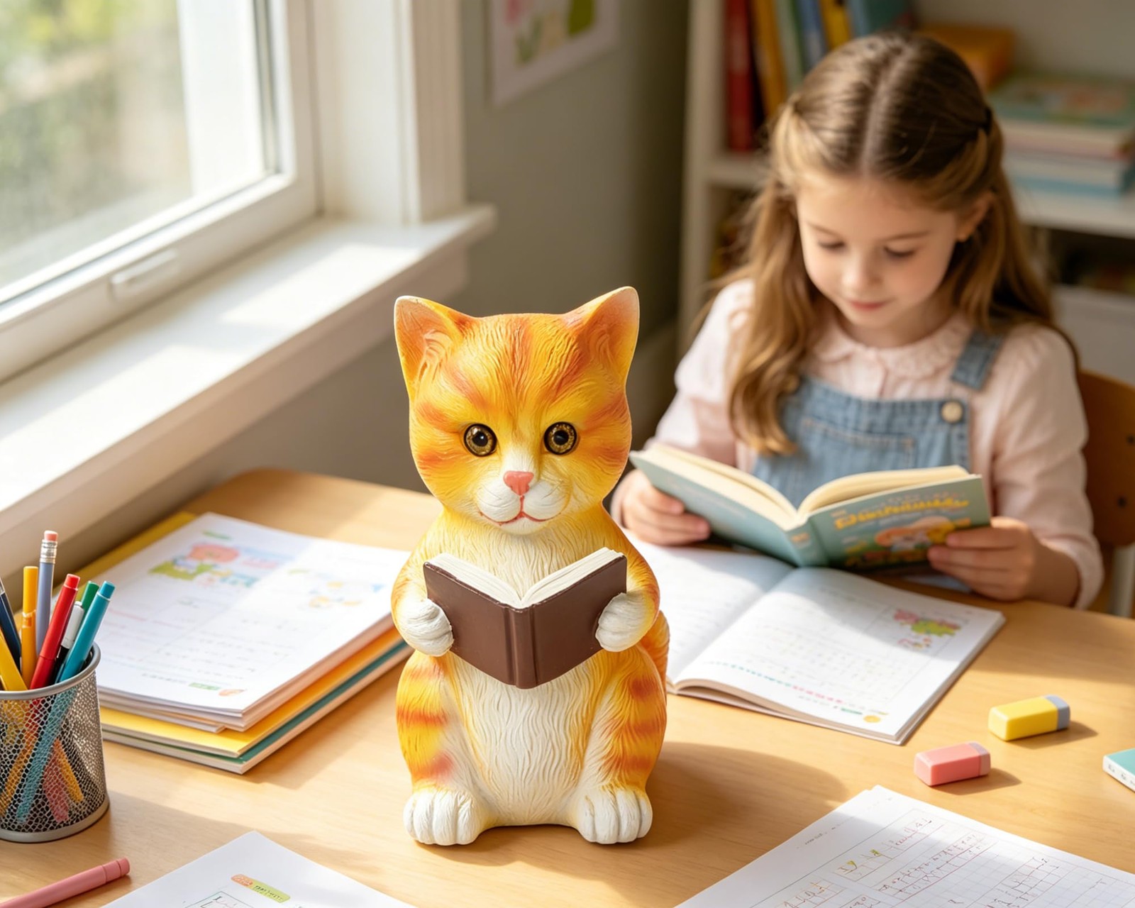 5 Inch Orange Literary Reading Cat Statue Figurine Bookshelf Decor Gifts