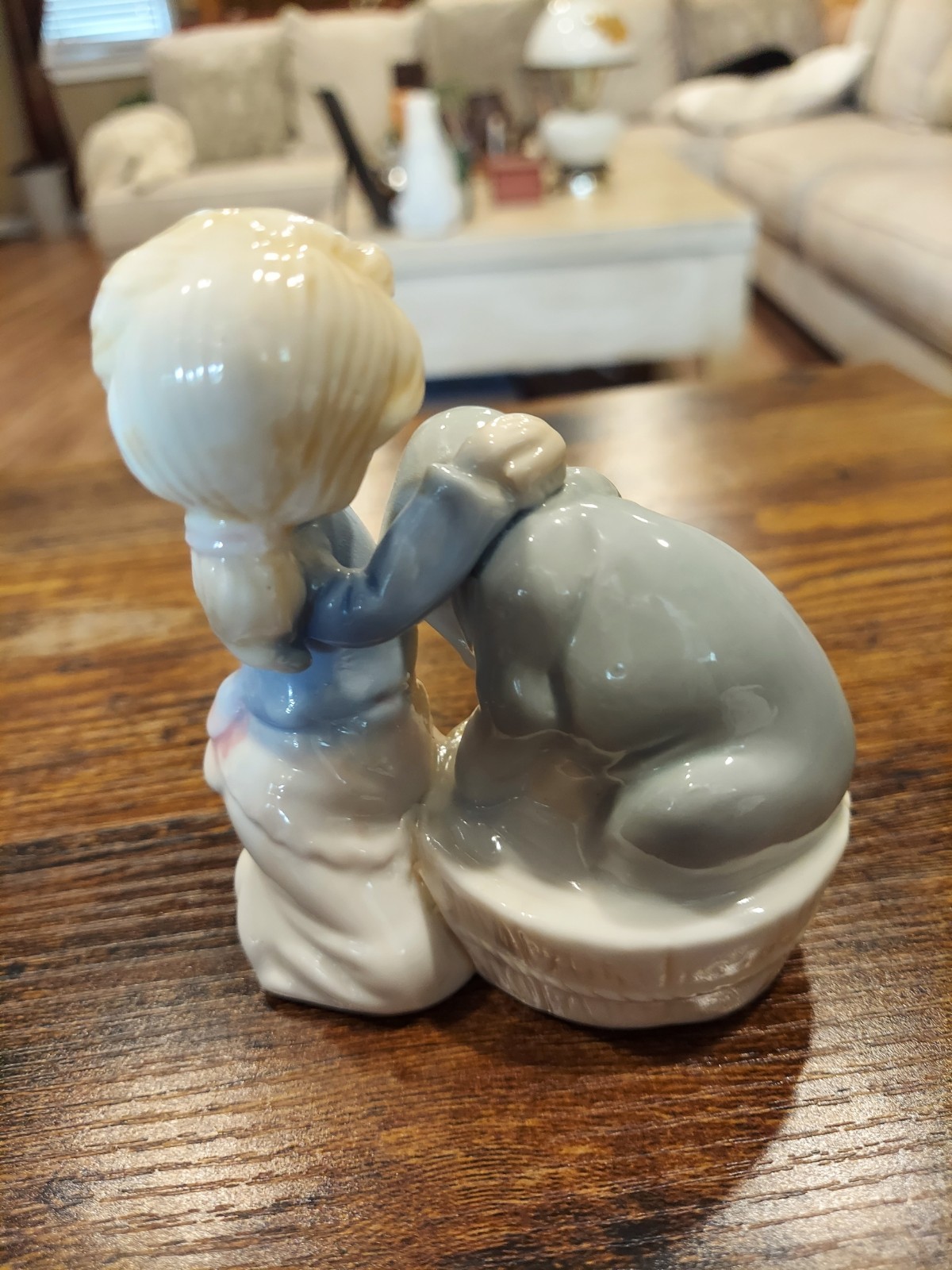 Vintage Porcelain Figurine Girl bathing Dog In Pastels, Sweet Rare, Unbranded