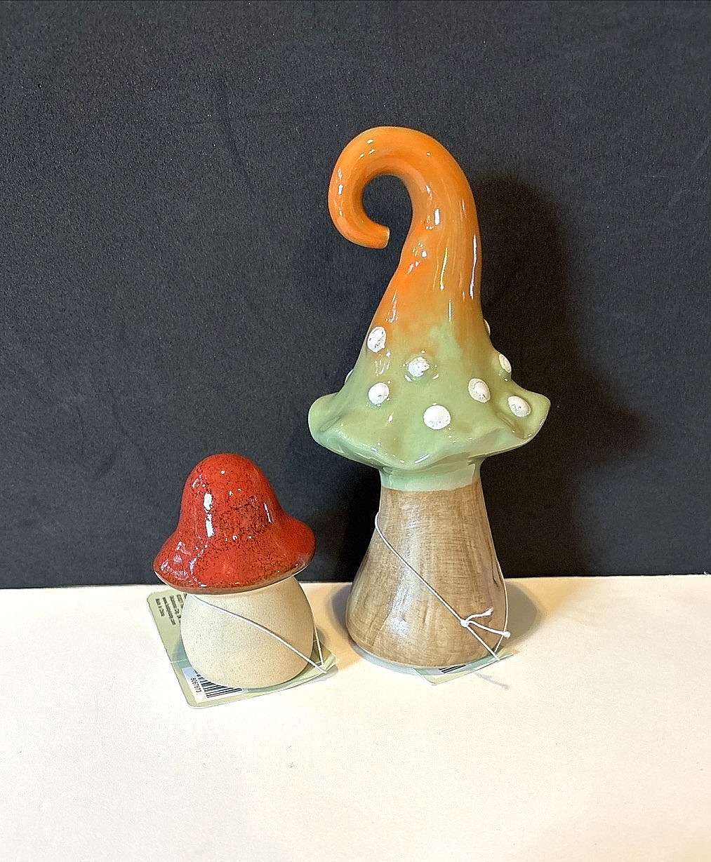2 Mushroom ceramic figurines orange green white dots red The spring shop NWOT