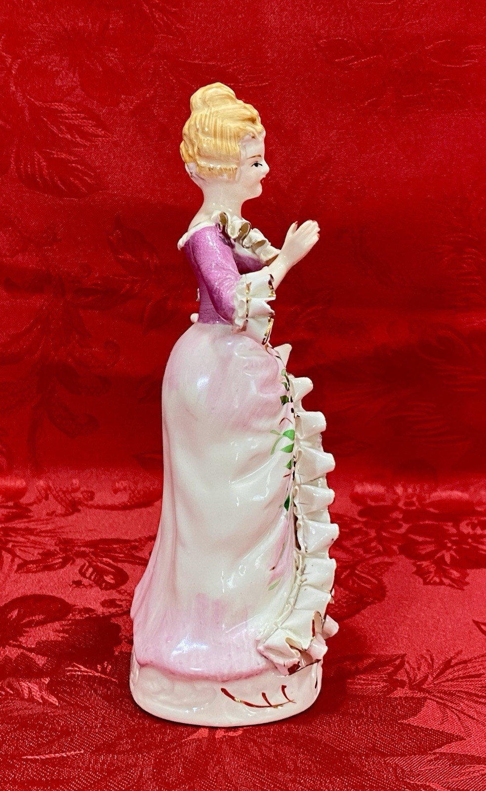 VTG Porcelain Victorian Lady Figurine in Period Dress Japan 7.5”-H, See Photos