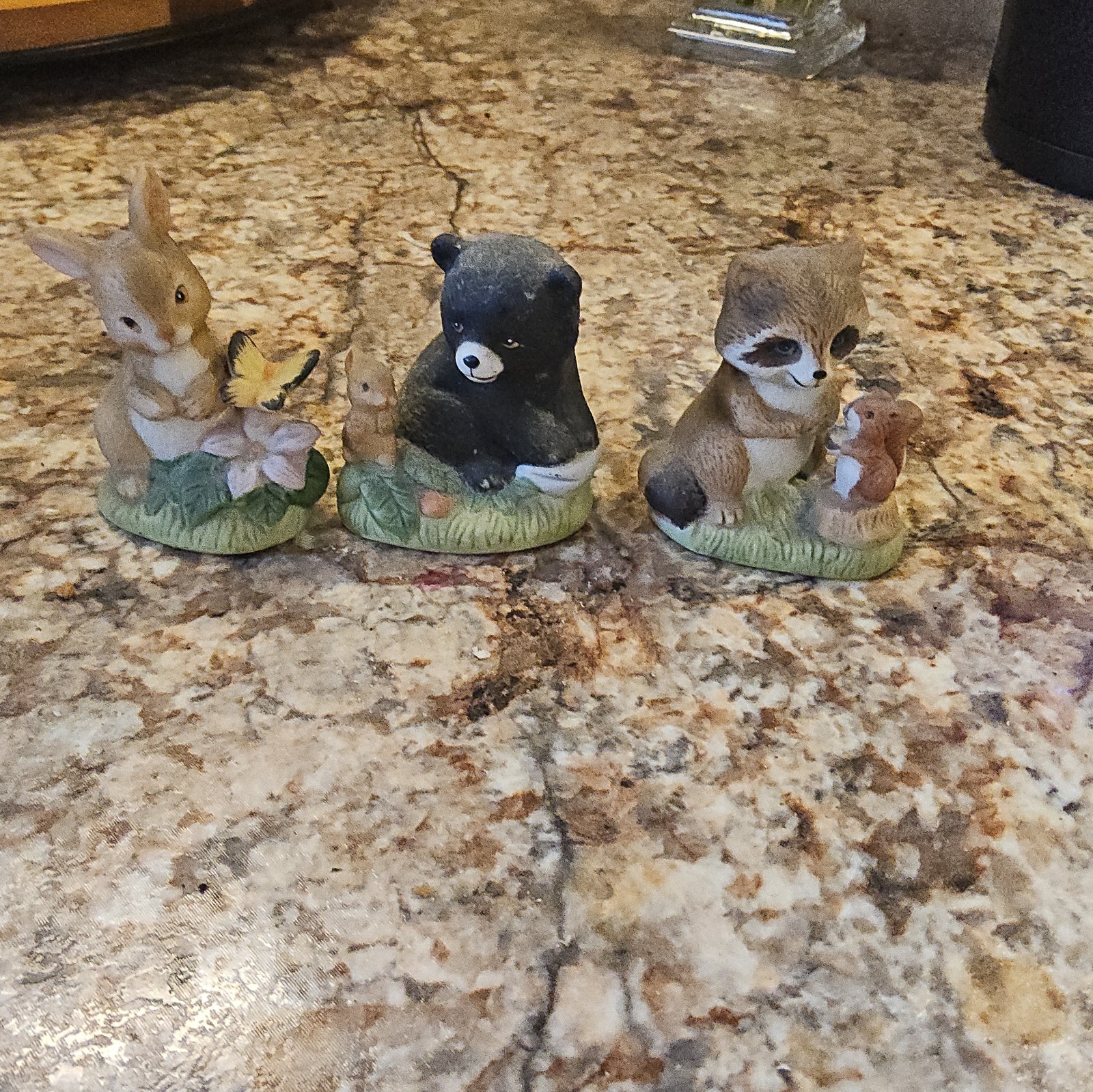 Hand Painted Woodland Animal Figurines Rabbit Bear Raccoon Resin Set of 3