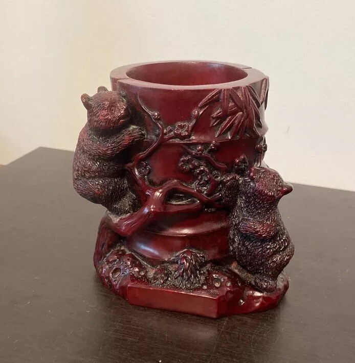 Yi Lin Arts Treasures of China Bears Climbing Bamboo Pencil Holder Planter VTG