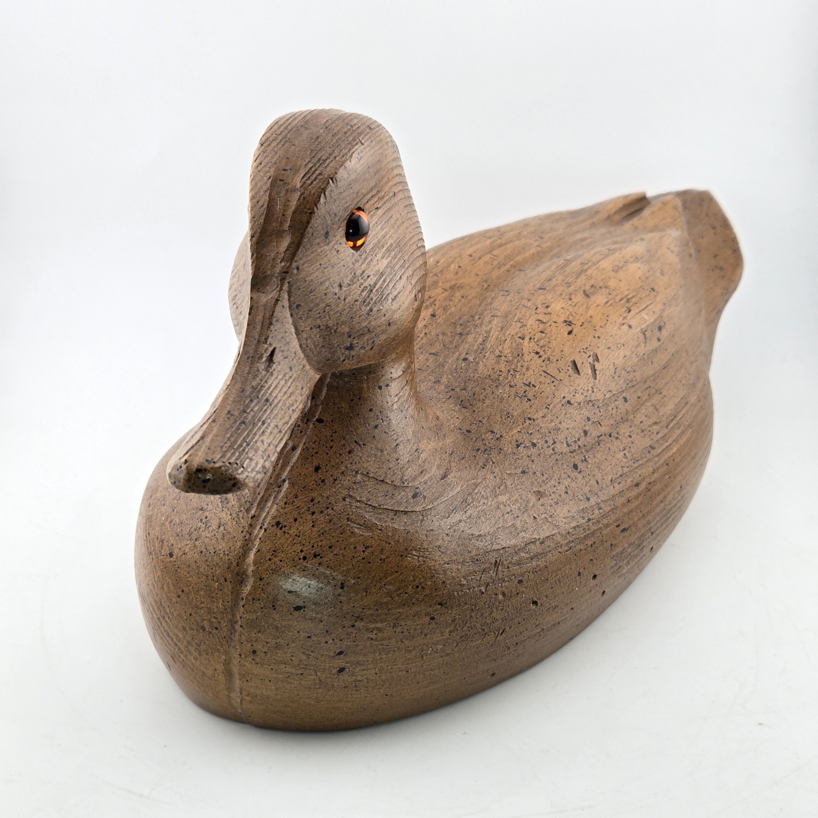 Vtg Molded Composite Resin Faux Wood Duck Decoy Figurine Brown Glass Eyes 14″