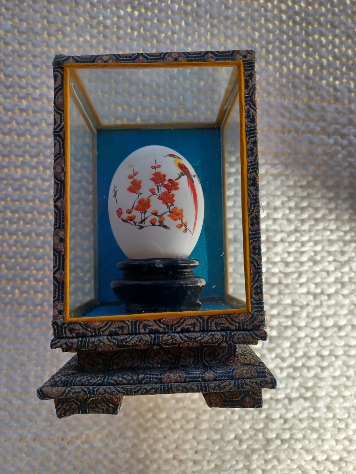 Vintage Hand Painted Chinese Egg in Glass Displayed Case with birds and flowers