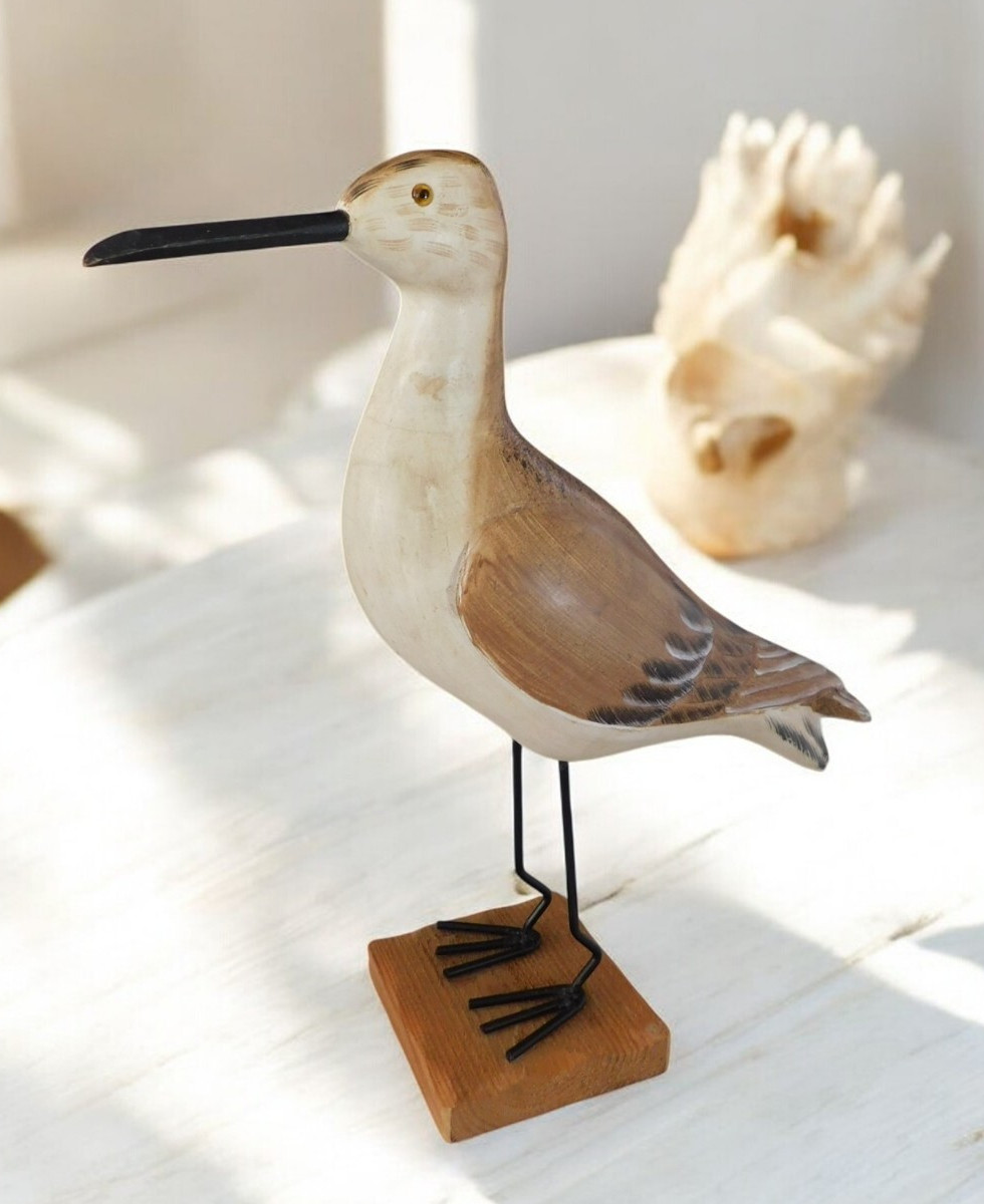 Wood Carved Sandpiper Brown Beige Standing Shore Bird Nautical Statute *AS IS*