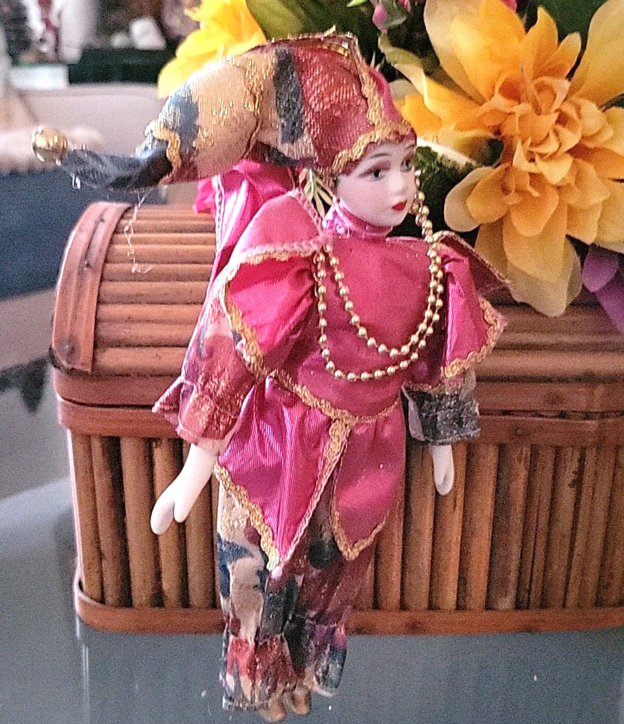 Porcelain Jester Harlequin Doll Burgundy Gold metallic Mardi Gras Clown Vintage