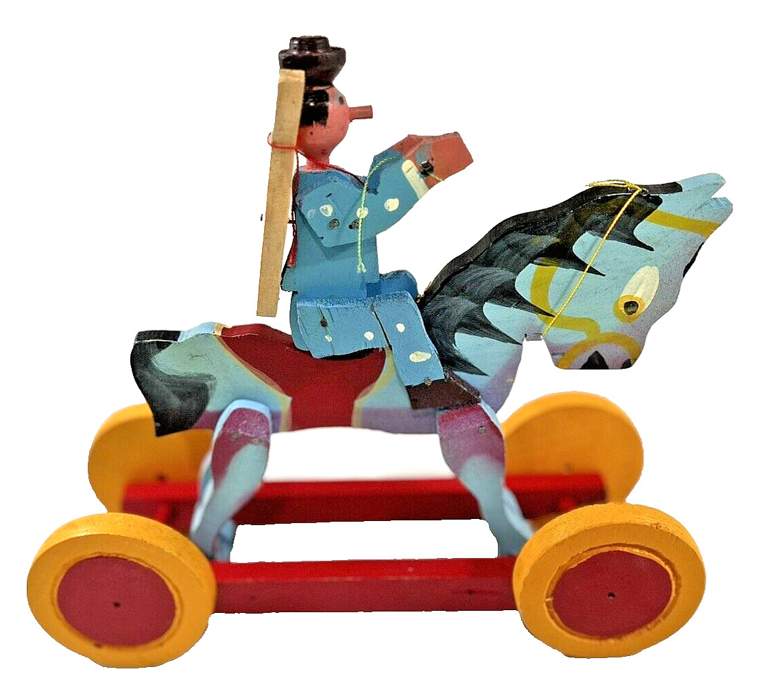 Hand Painted Wooden Man Riding Donkey on Wheels Toy Figure 10” x 10”