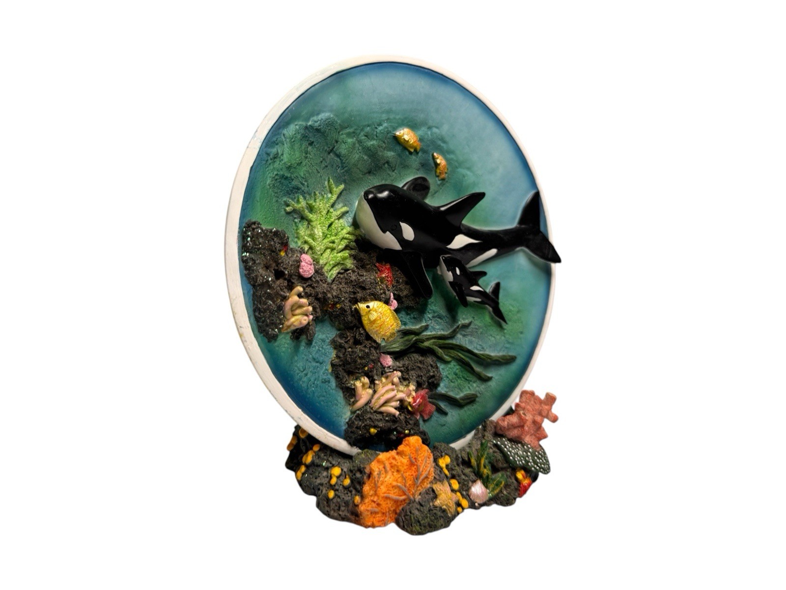 Orca Collector Plate, Marine Theme, Resin, 3D Effect, Coral Reef Stand
