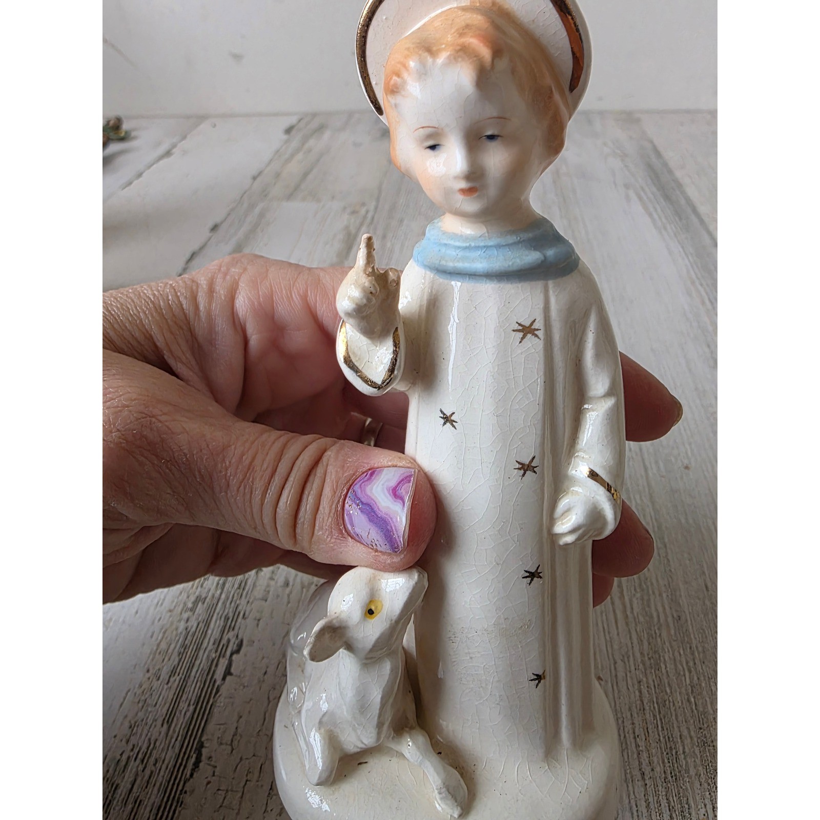 Vintage art boy religious deer Angel cherub statue figurine ceramic Japan decor