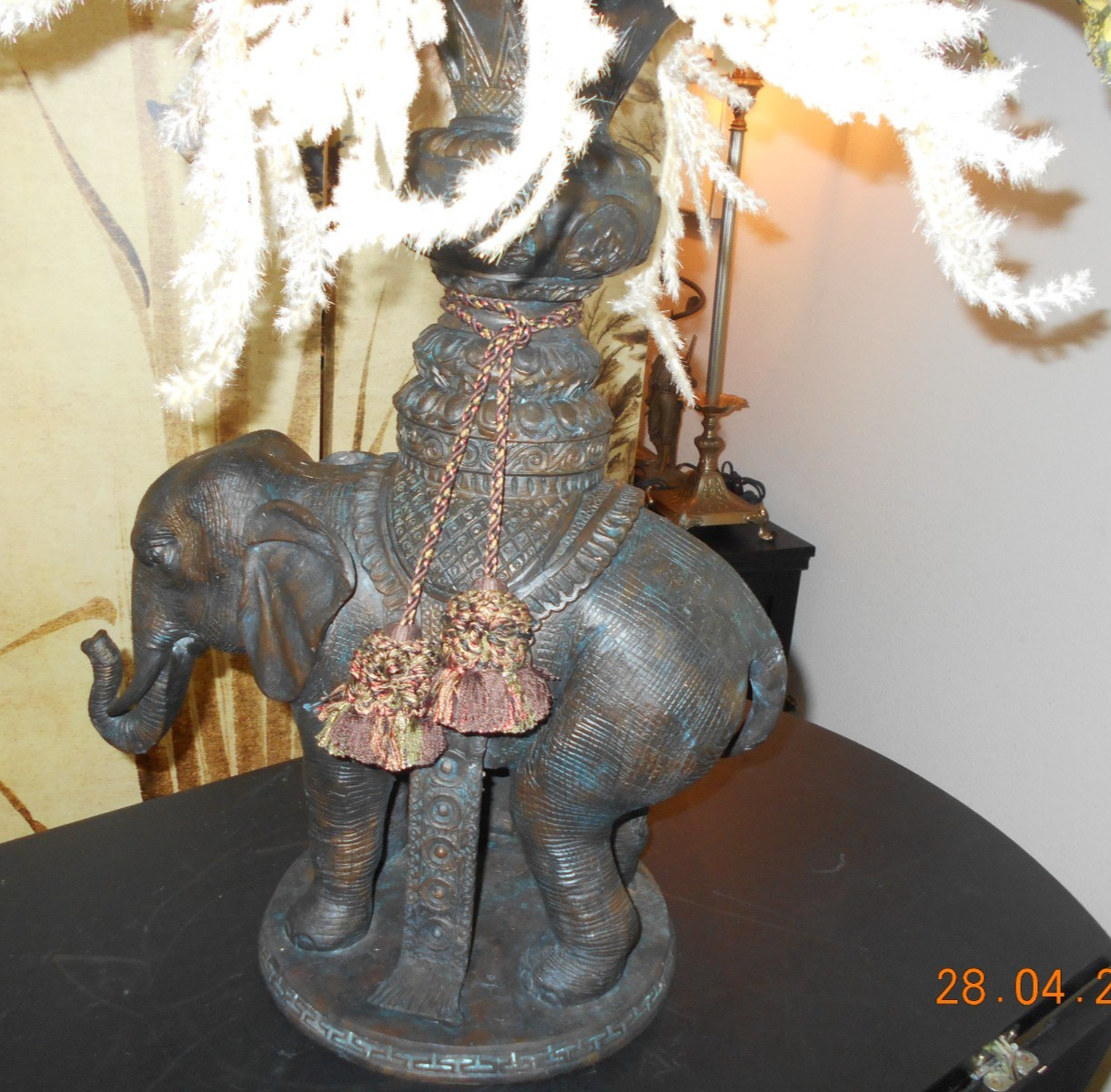 Exquisite Mailand Smith Bronze Elephant Sculpture/Vase w/ Silk Foliage 33″ tall