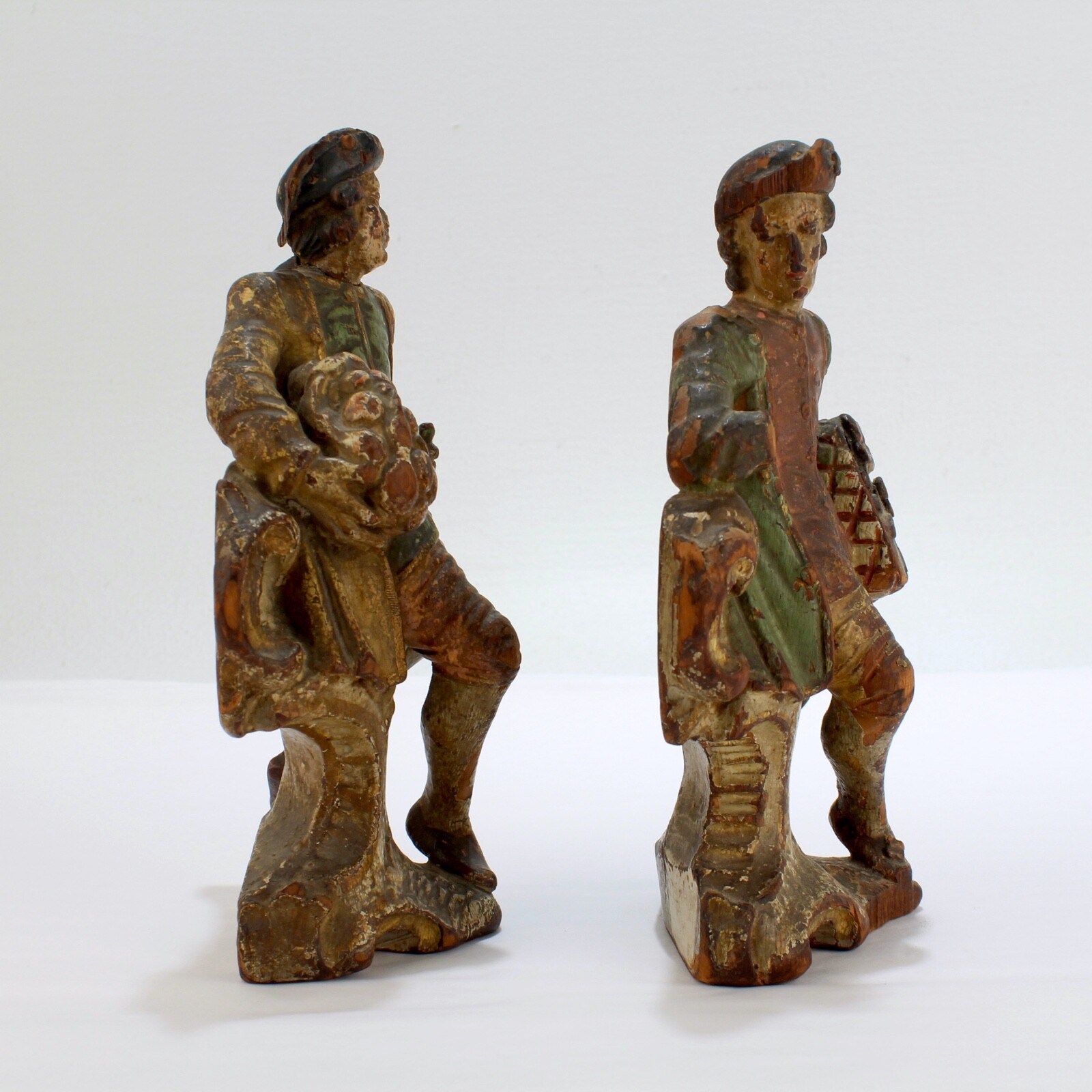 Pair Baroque 18c Carved Polychrome Painted Wooden Continental Figures – santos