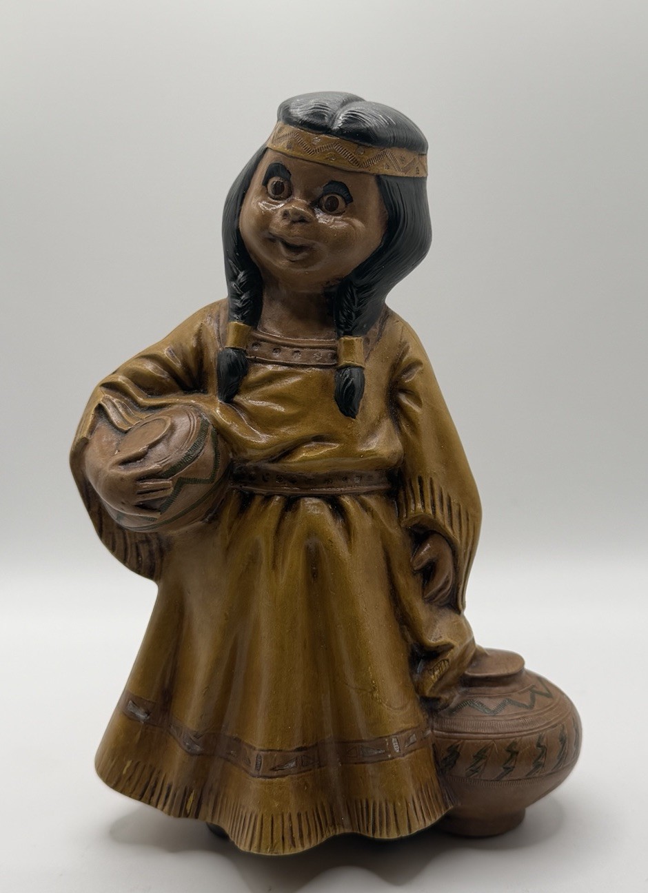 Vintage Chalkware Native American Girl Figurine with Pot ~7.5”