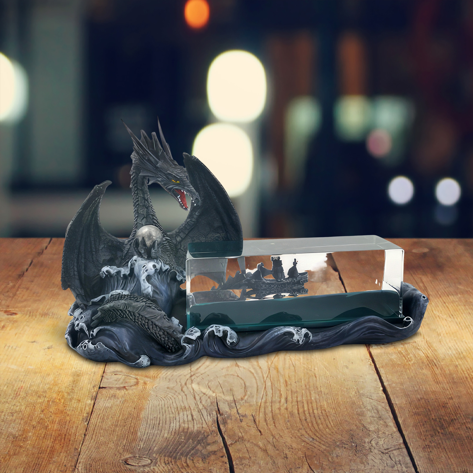 10.5″W Black Dragon Guarding a Ship in Bottle Figurine