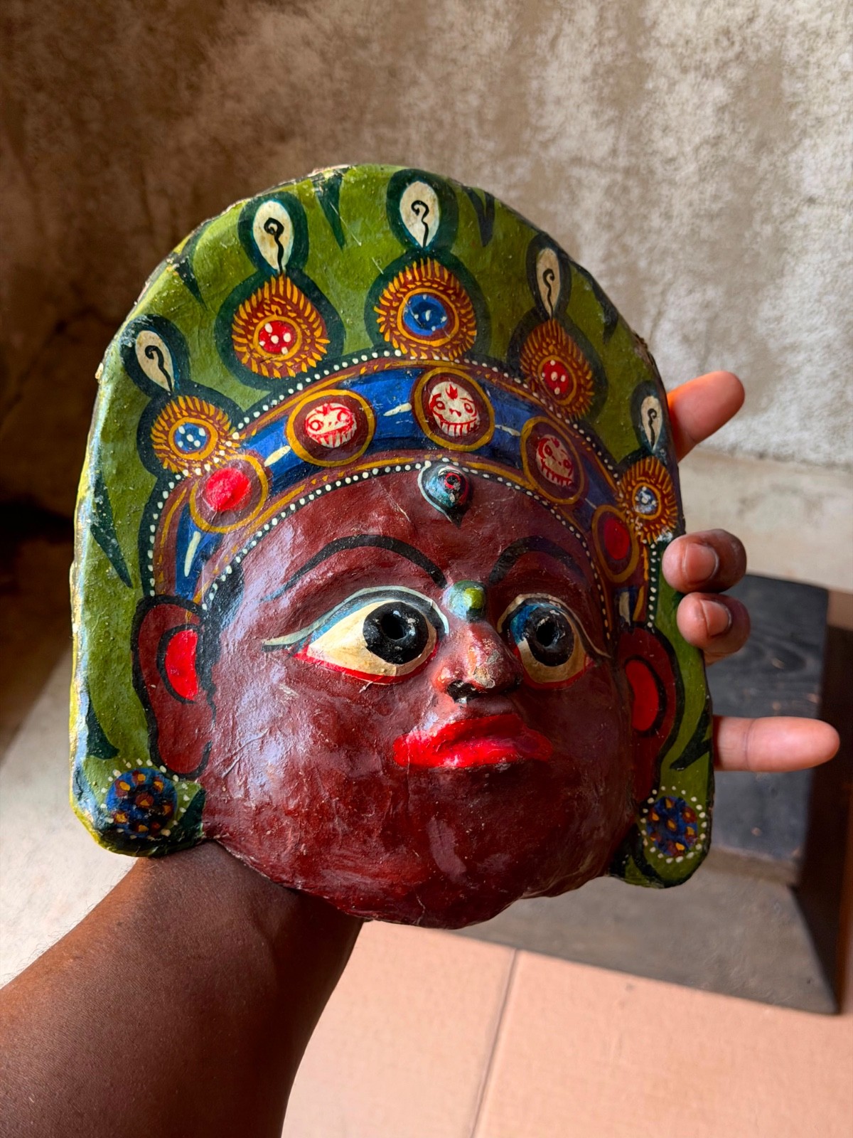 Vintage Nepalese Mask Hand Painted Copper Deity Newar Folk Art Wall Decor