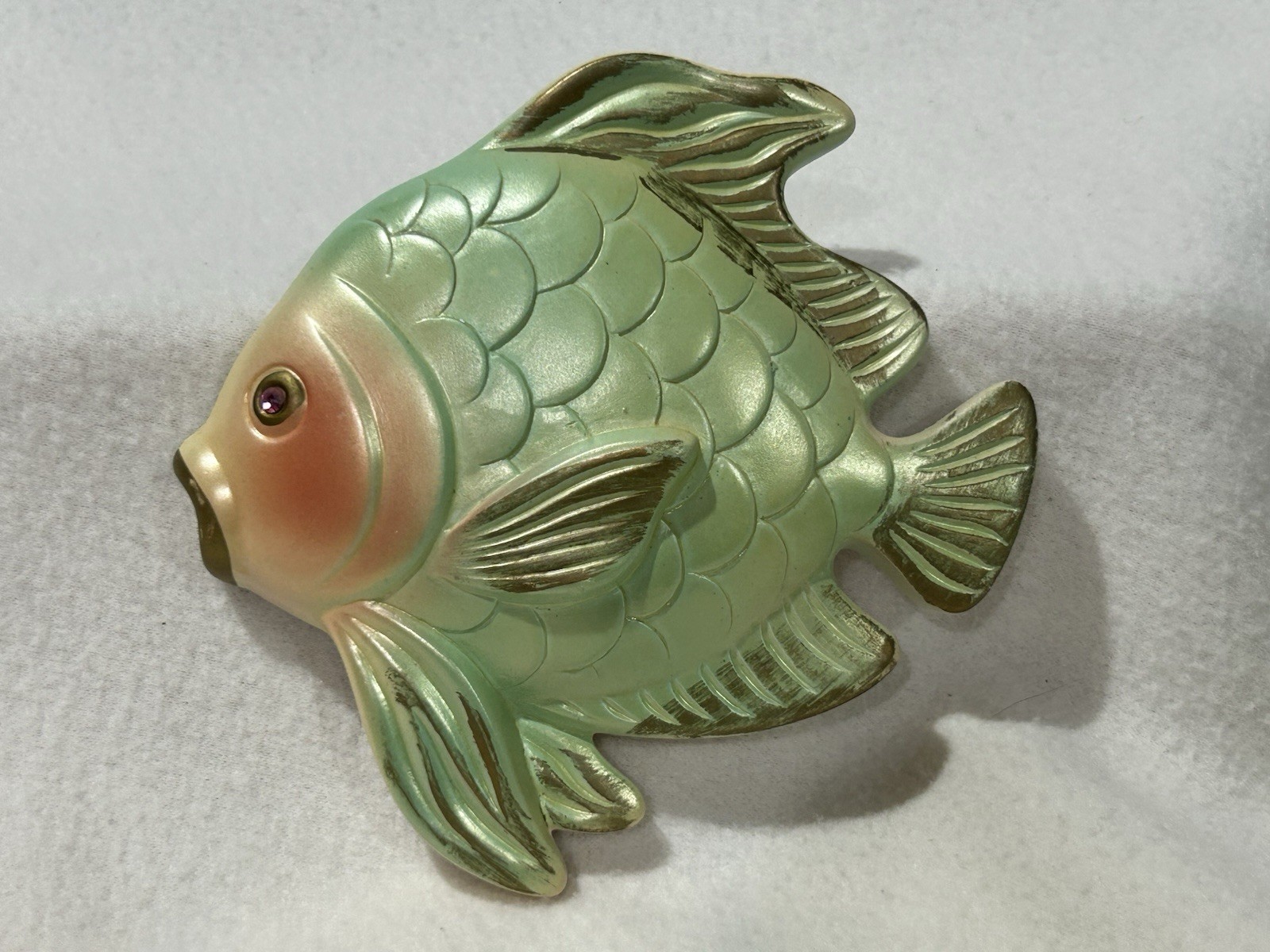 VINTAGE 1967 Miller Studio Green Fish SET Chalkware Rhinestone Eyes Wall Plaque