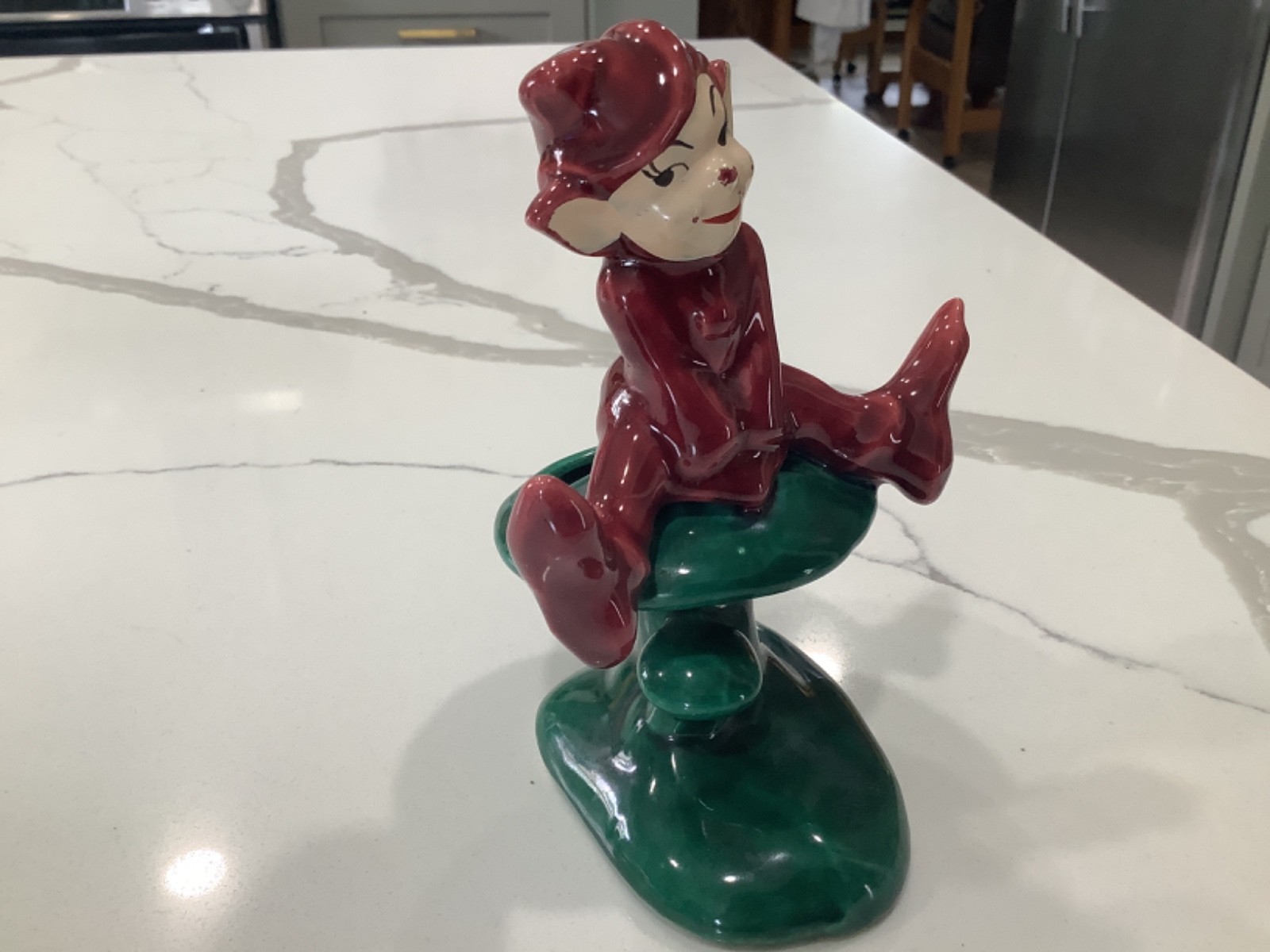 Vintage Pixie Elf Sitting on Mushrooms Maroon & Green Mid Century