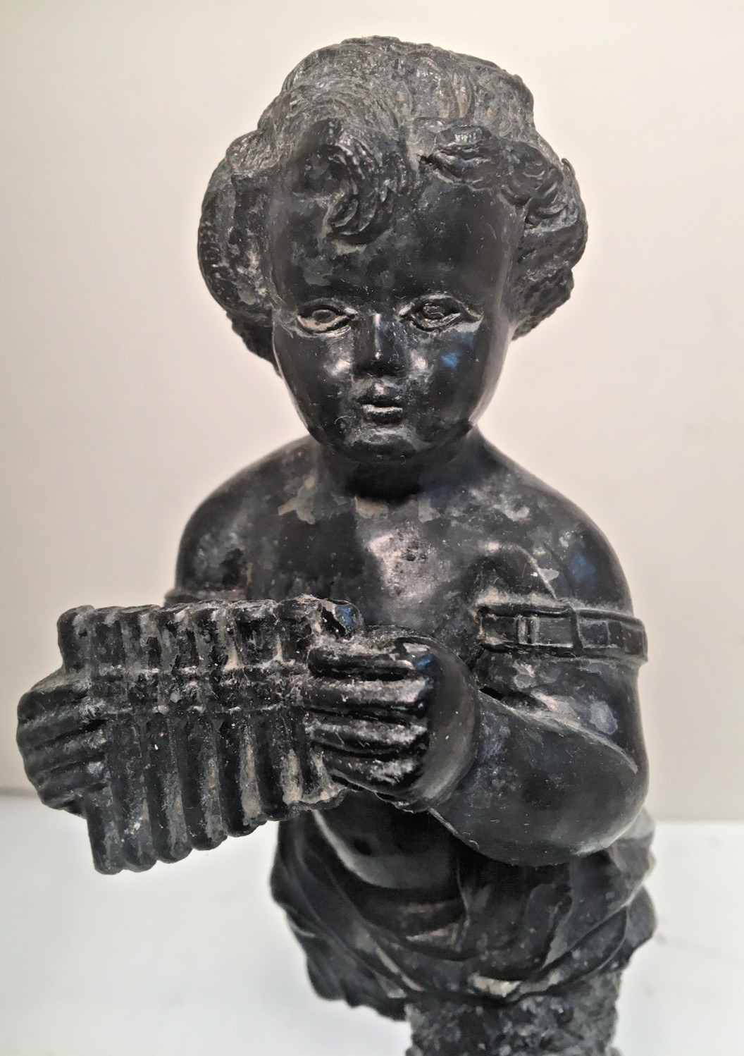 ANTIQUE SCULPTURE METAL SPELTER- BRONZE PAN SATYR FAWN ON MARBLE BASE MYTHOLOGY