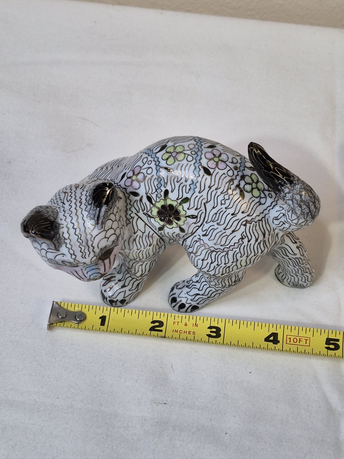 White Cloisonne Cat Kitten Copper Brass Enamel Figurine Statue 4″ RARE Vintage
