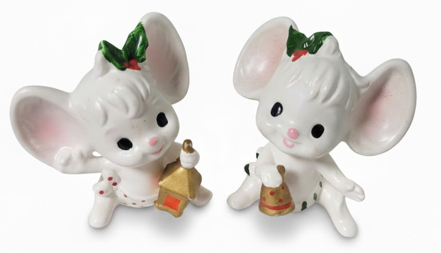 Napco Ware Ceramic Christmas Baby Mice Vtg Figurines Winter 2pc Japan Bone China
