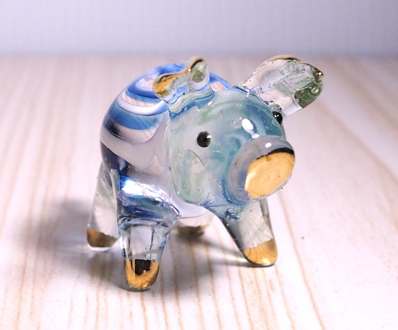 blue green cute PIG figurine hand blown Art Glass gold trim 1.75 in GIFT decor