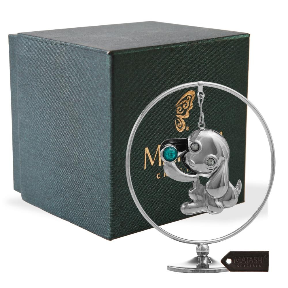 Matashi Chrome Puppy Hoop Figurine w/ Crystals Tabletop Décor Elegant Showpiece
