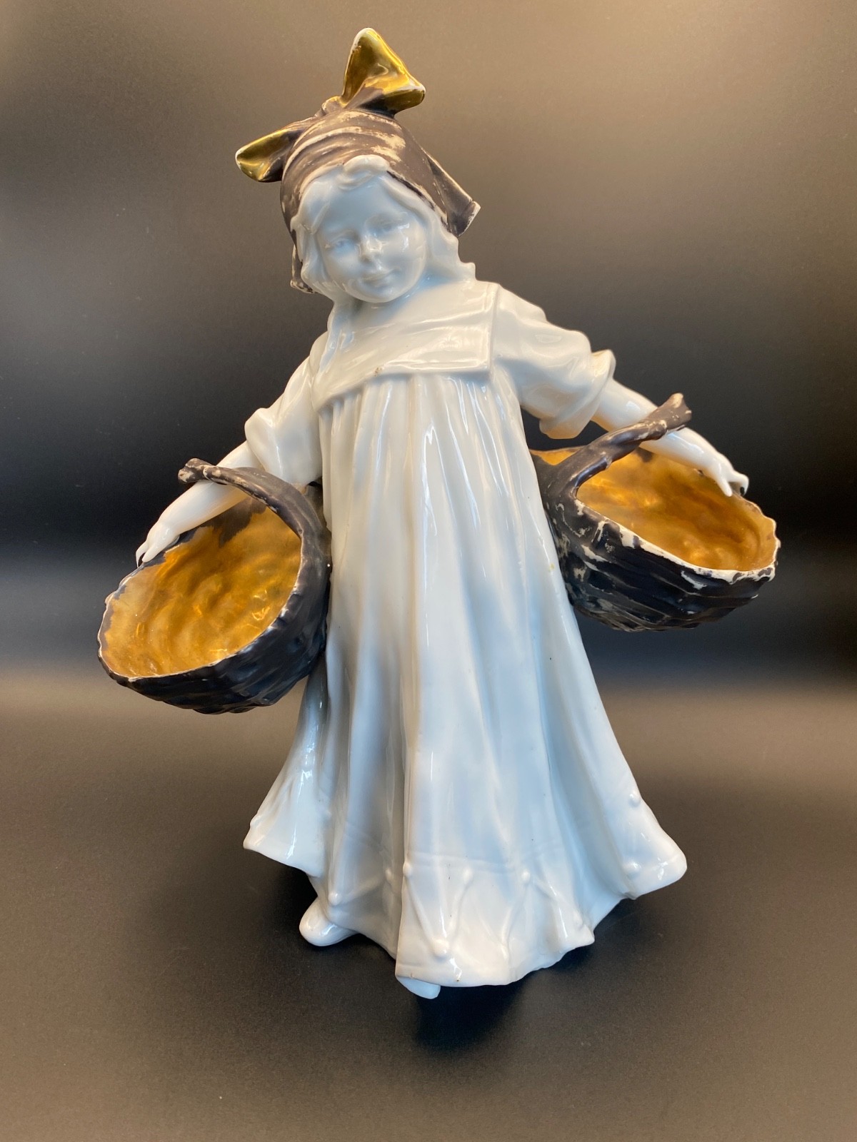Gebruder Heubach porcelain glazed figurine Girl with baskets Antique /0714