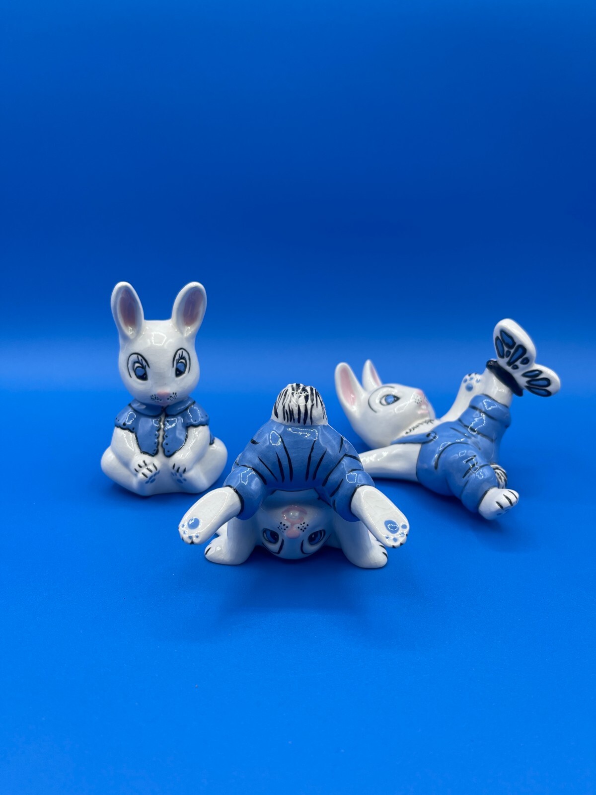 Vintage Bunny Rabbit Family Ceramic 3 Piece Bunnies Figurines Blue Overalls