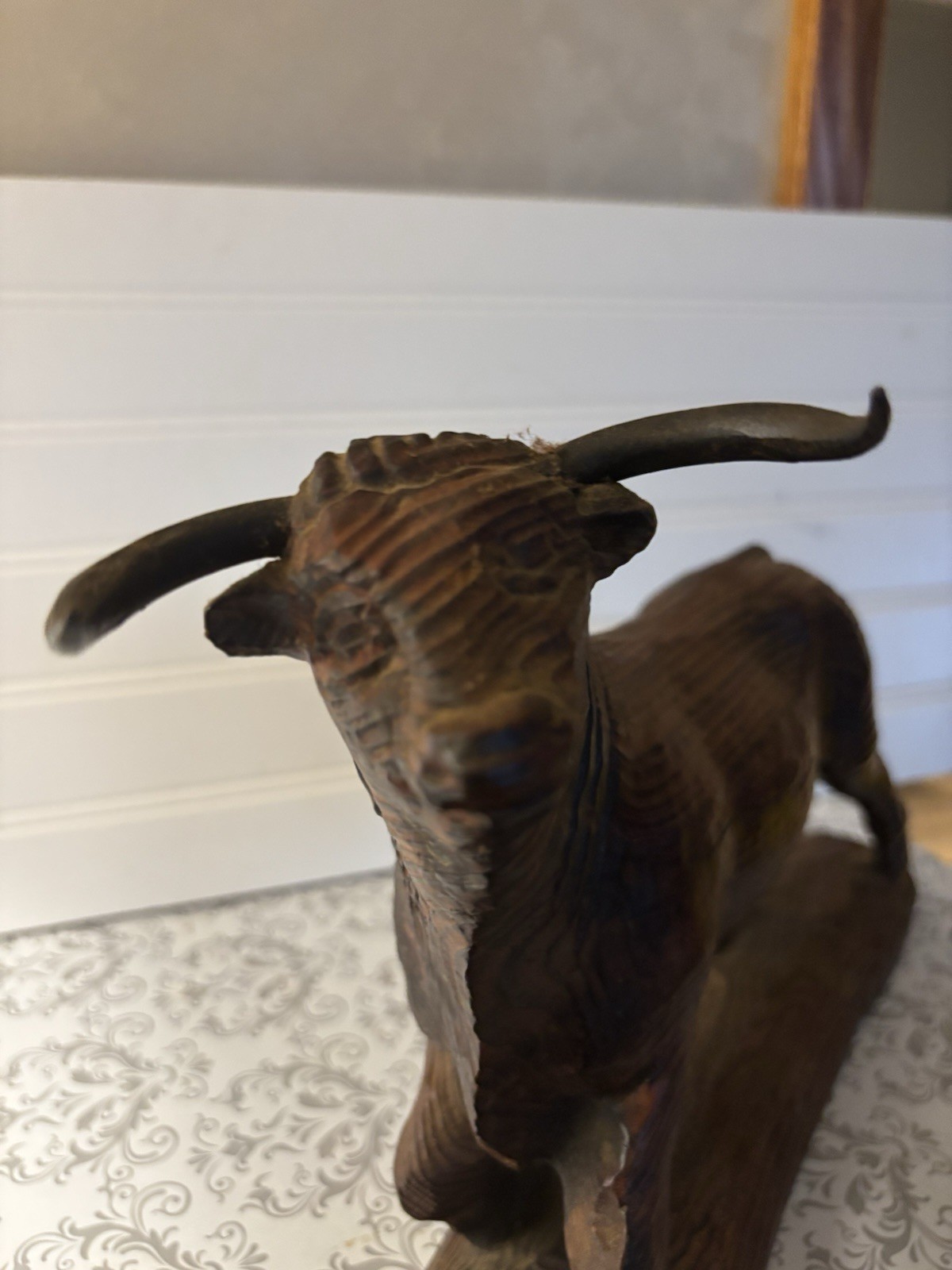 Wooden Sculpture Bull From Spain 13 Inches by 9 Inches. Hand Carved