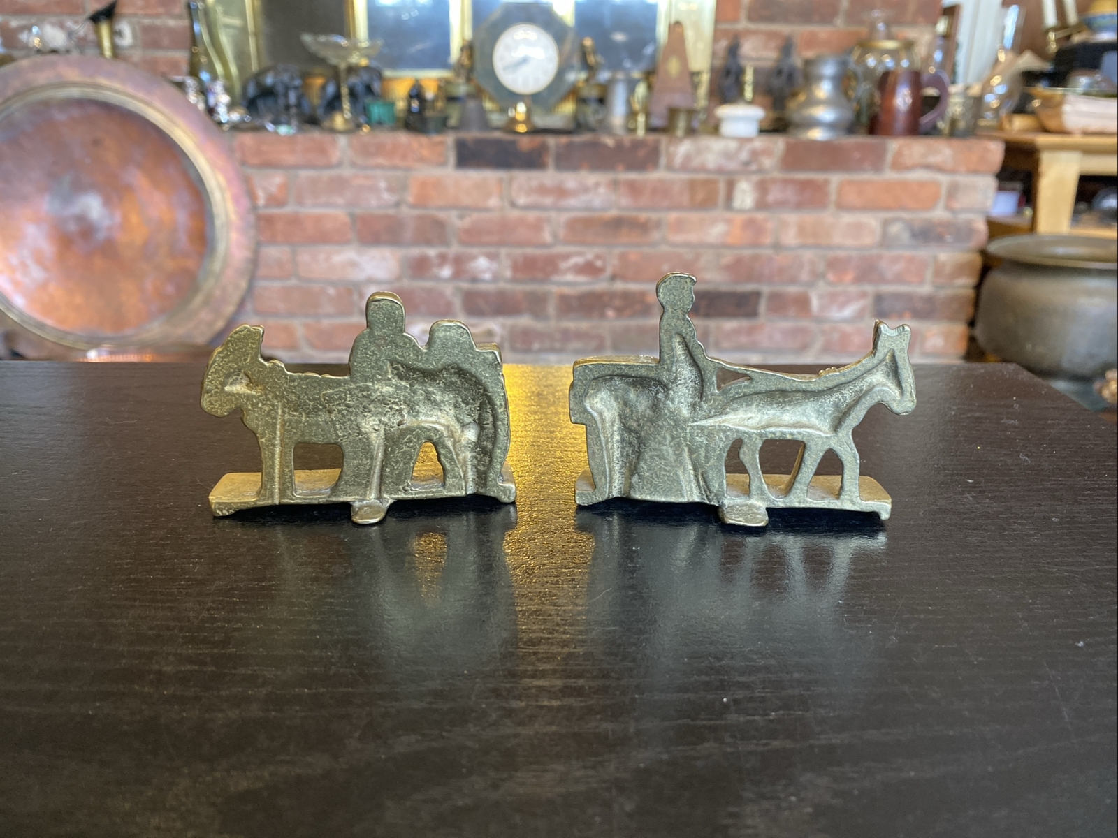 2 Vintage Miniature Brass Doorstop Figures Milk Maid & Man Donkey Carts, Ireland