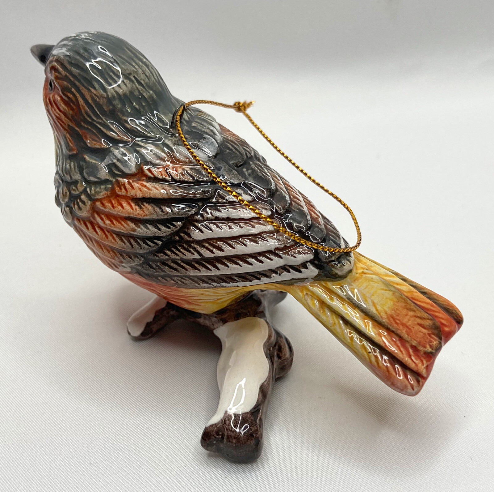 Orange Brown Grey Yellow Ceramic Hanging Ornament Bird On Snowy Branch Figurine