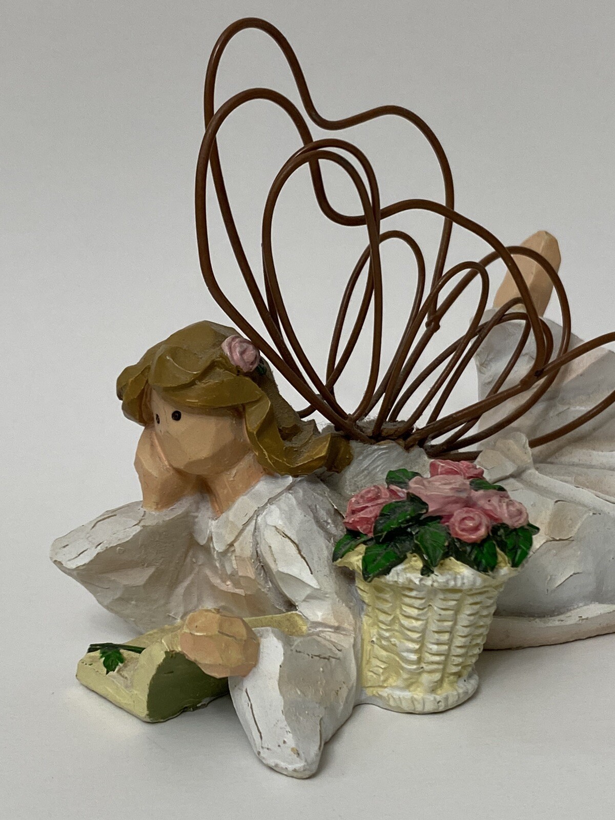 Roman Inc. Angel Accents Figurine Lying Down Reading Book Basket Flowers Wire