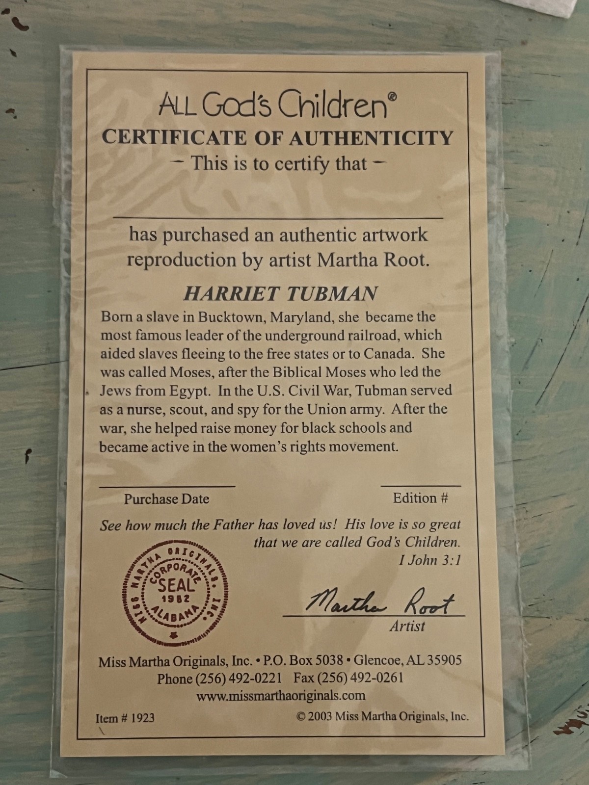 ALL GOD’S CHILDREN – MARTHA HOLCOMBE: HARRIET TUBMAN #1923 (WITH CERTIFICATE)