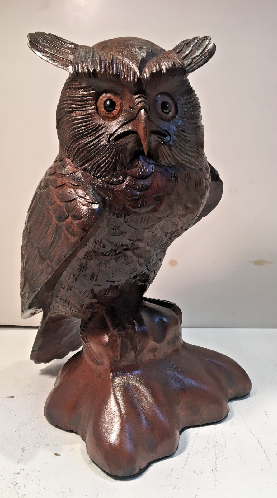 ANTIQUE VINTAGE BLACK FOREST EUROPEAN LARGE WOOD CARVED OWL SCULPTURE