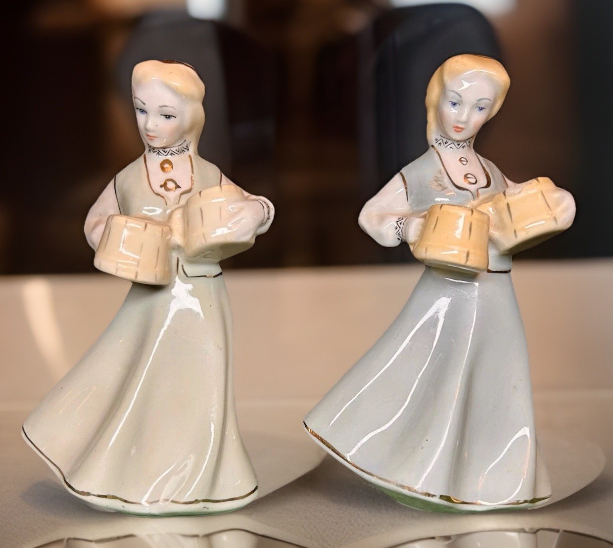 Vtg Pair RPF Riga Porcelain Figurines Latvia Girls In National Costumes W/Mugs