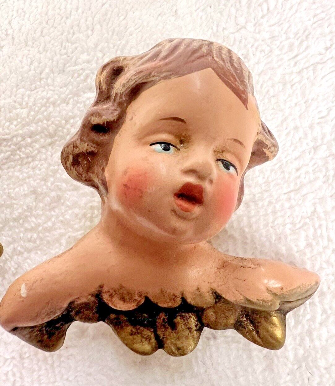 2 West Germany Angel Cherub Hand Painted Bust Blue Eye’s Ornament 2 3/4″