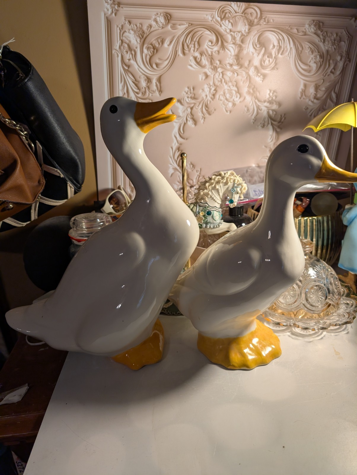 15” And 13″ Vintage 1980s Large White Ceramic Goose Figurines