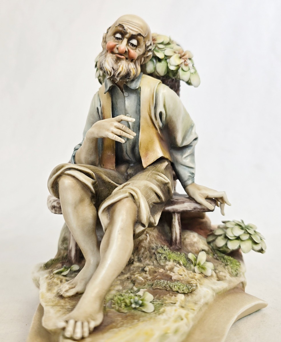 6″ Rare Vintage Borsato Seated Man w/ Flower Basket Figurine Italy c.1970s-1980s