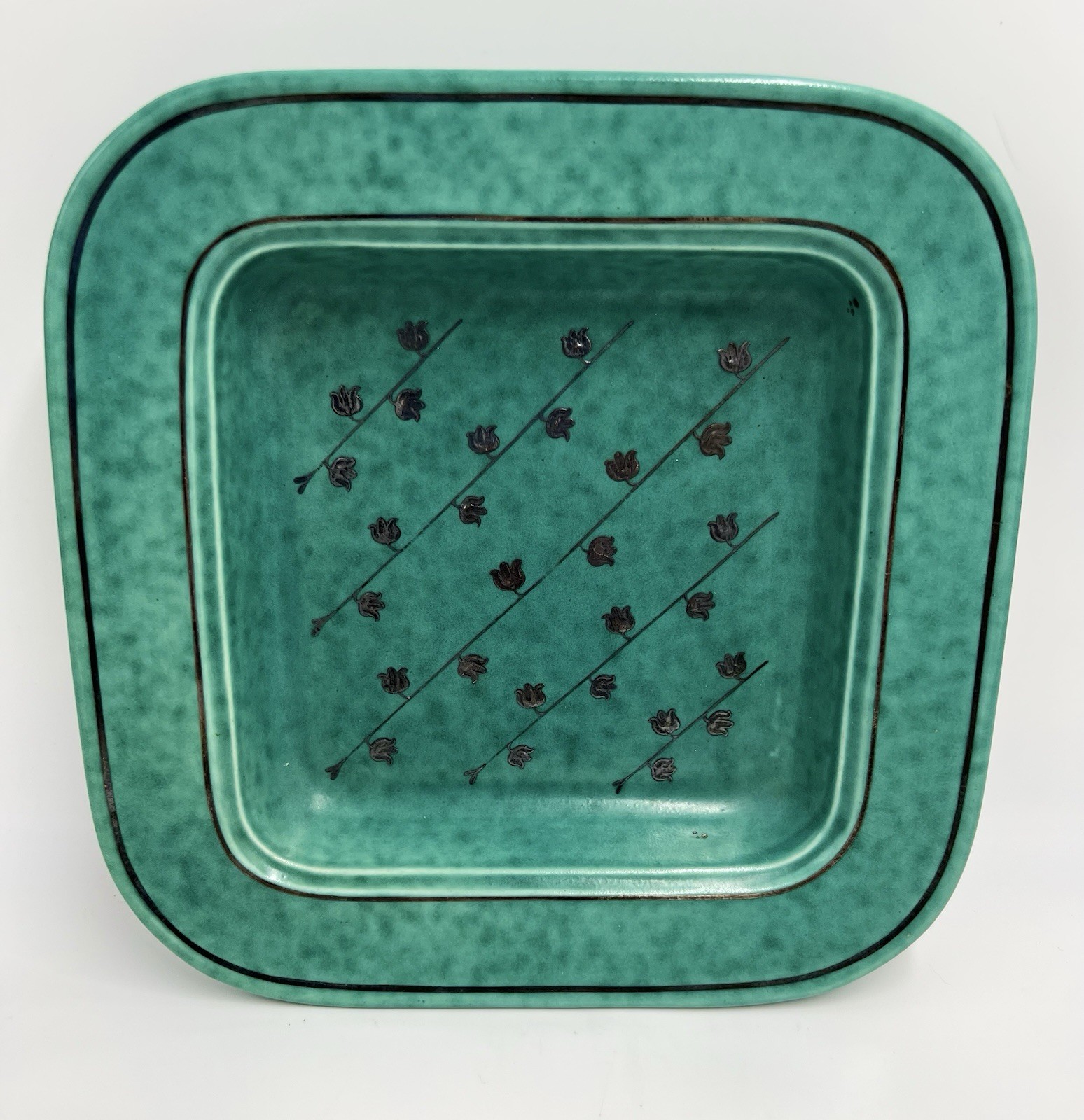 MCM W. Kage Swedish Ceramic Tabletop Square Bowl Sterling Silver Flowers Teal