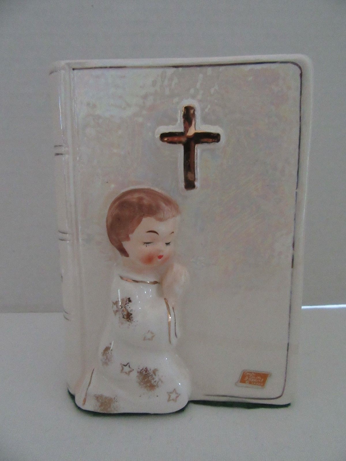 VTG Iridescent Gold Trim Bible Bank Mid-Century Holy Confirmation Baptism Christ