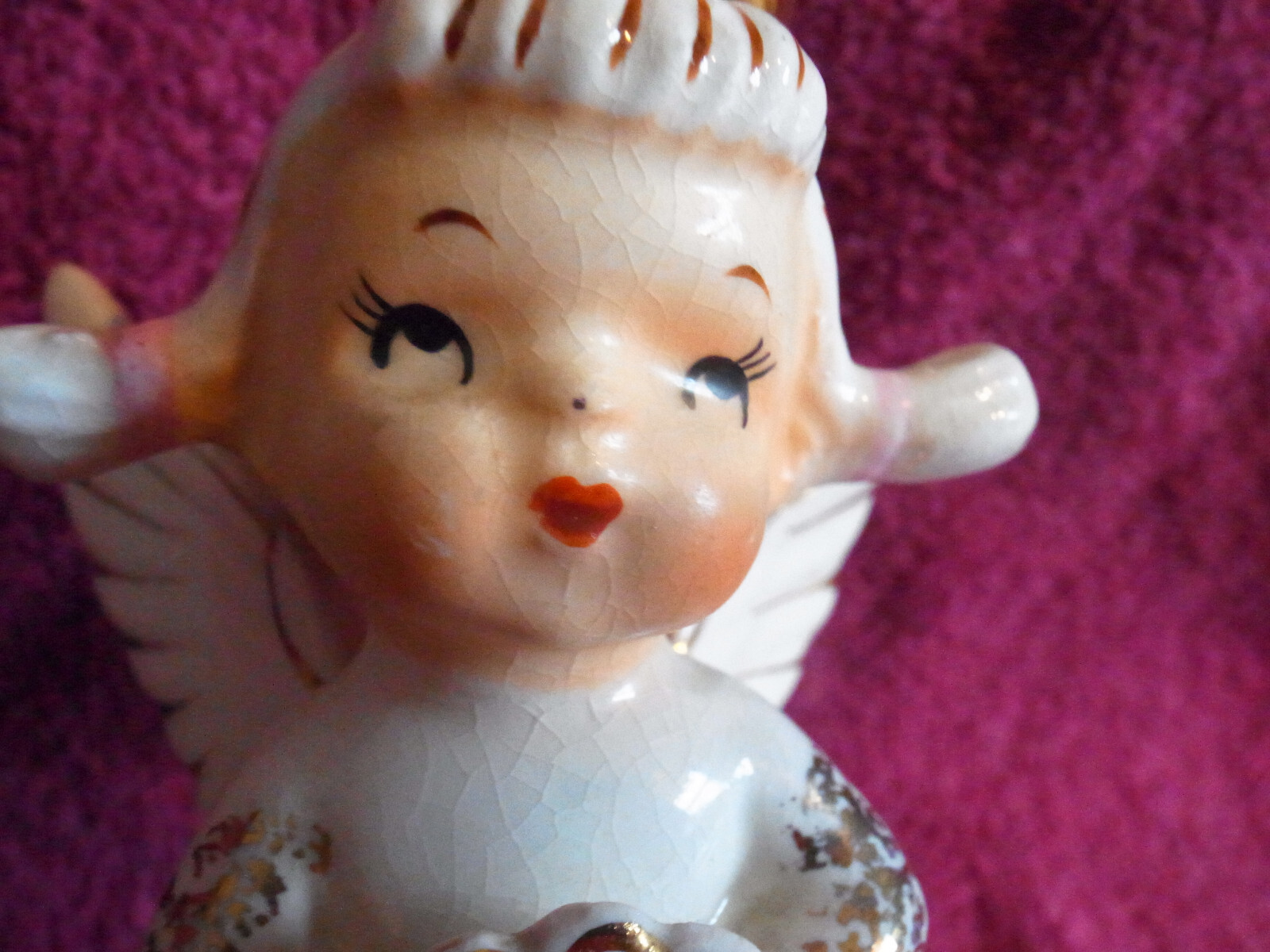 Vintage Lefton June Pink Flowers Birthday Spaghetti Angel AR1987 Orig Label-EXC