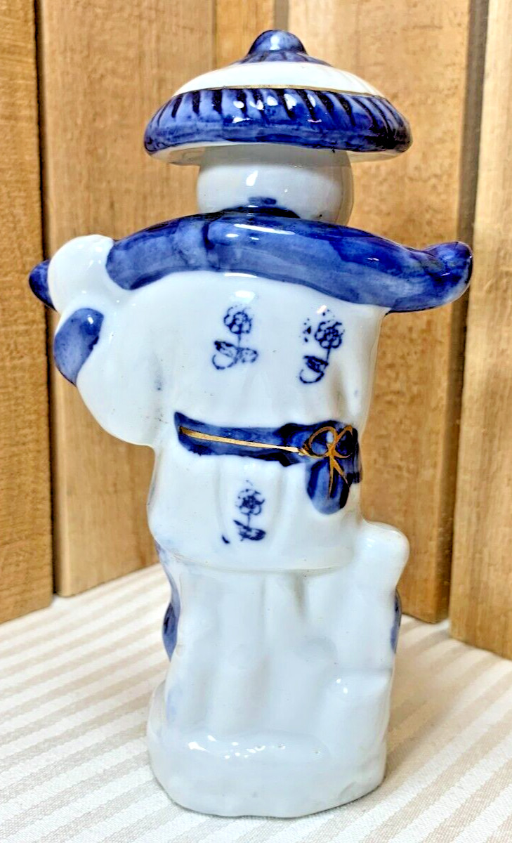 Porcelain Asian Woman with Basket Blue White & Gold Figurine 5.5″ Tall