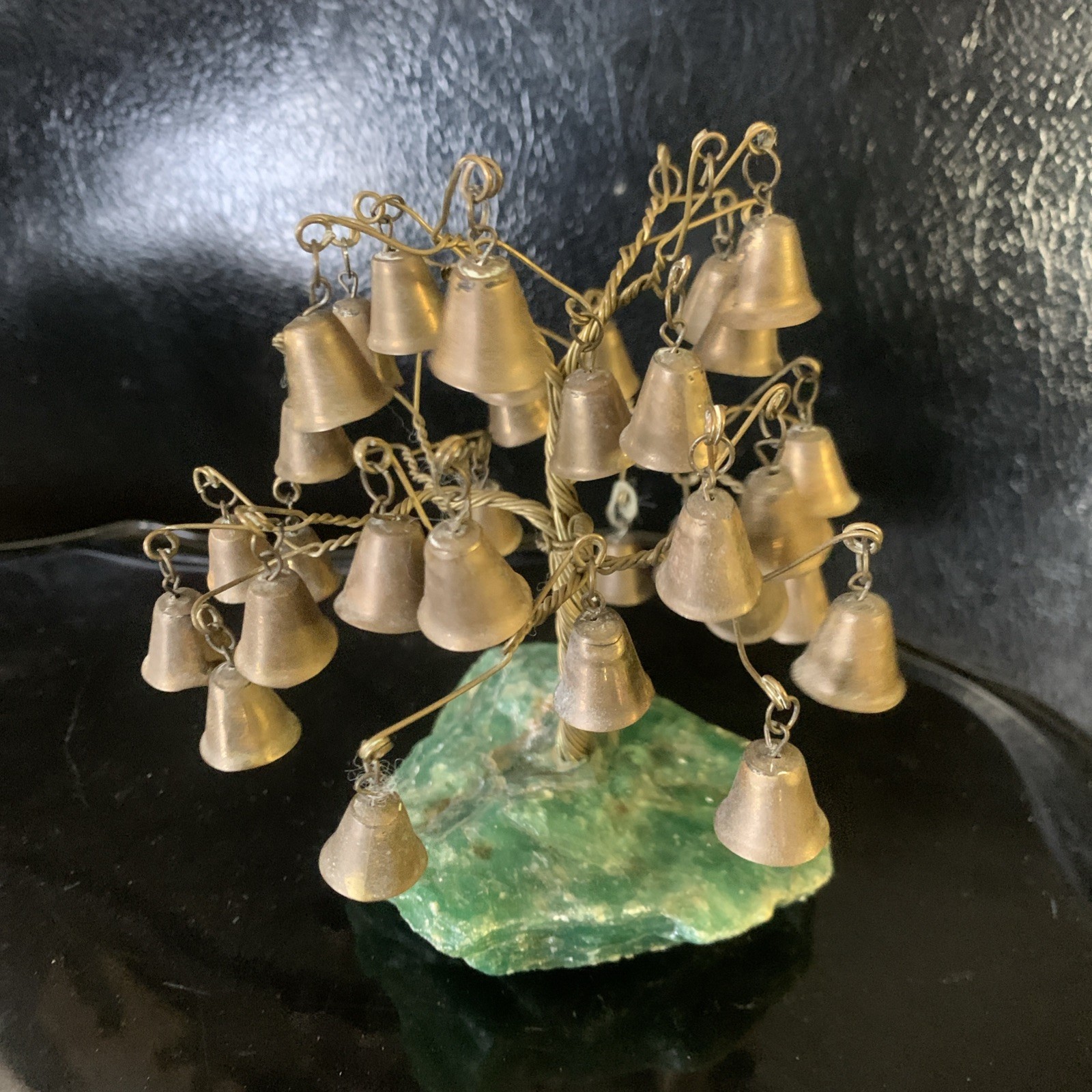Vtg Copper Twisted Wire Bonsai Prosperity Tree Sculture Amazonite Stone W/Bells