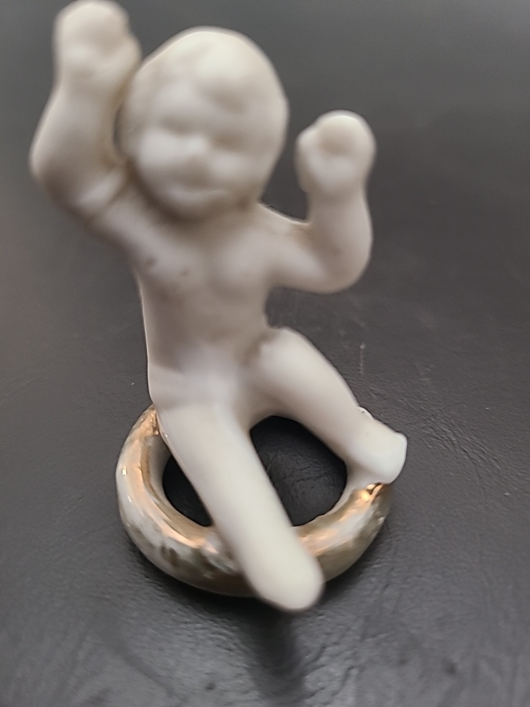 Vintage Bisque Cherub Figurine on Gold Ring — Early 1900s, Missing Wings